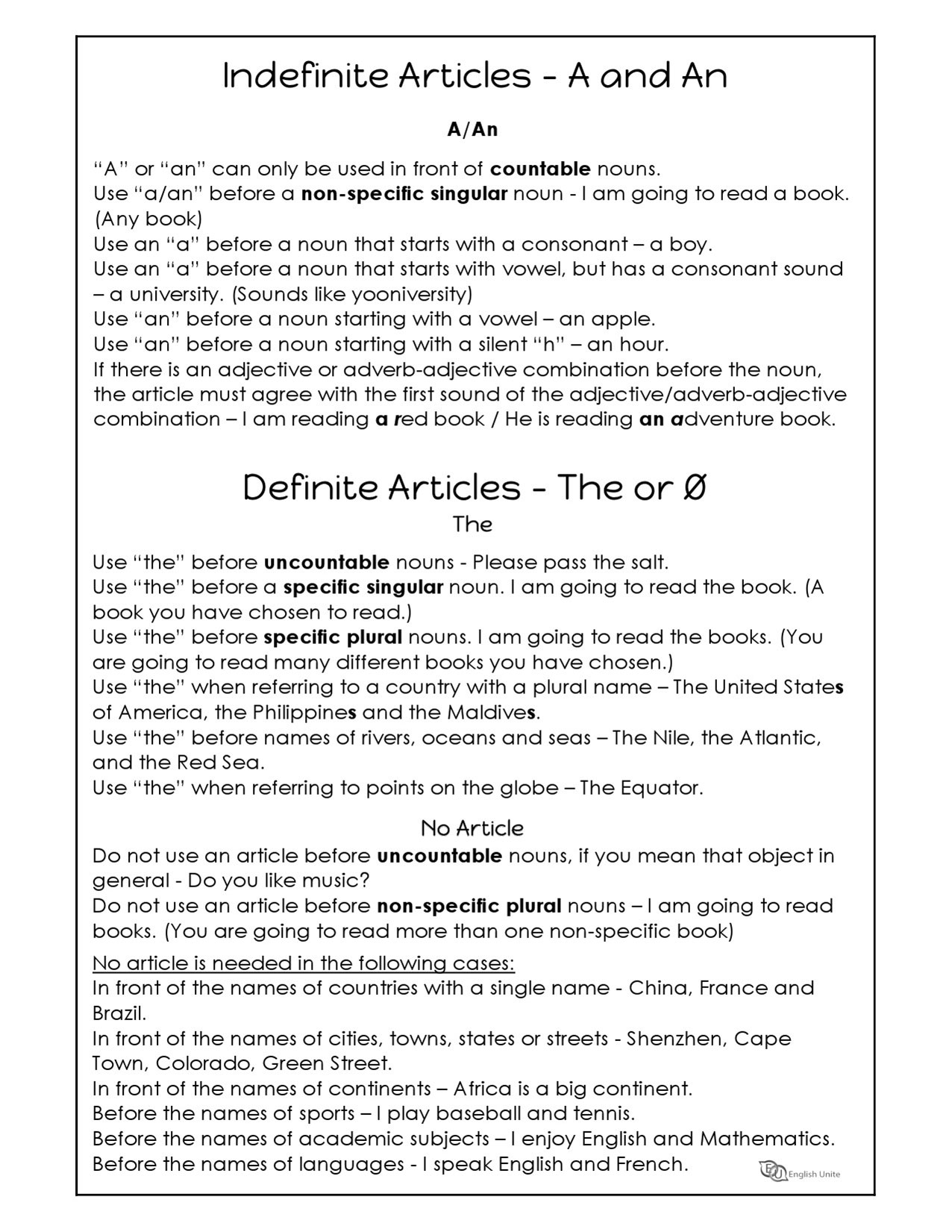 English Unite Articles Worksheet