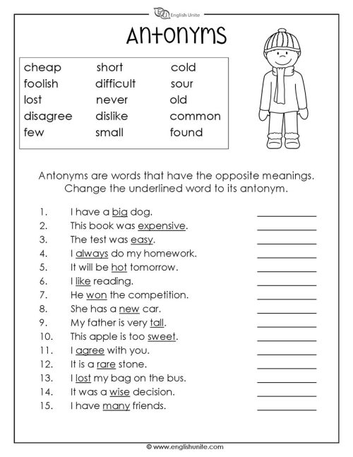 English Unite Antonyms Worksheet 1