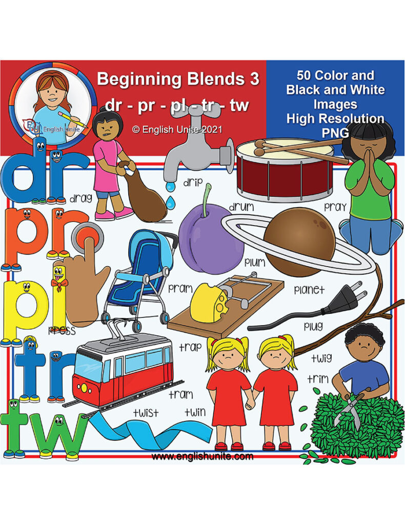 English Unite - Clip Art - Beginning Blends 3 (dr/pr/pl/tr/tw)