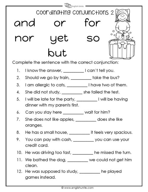 English Unite Coordinating Conjunctions Worksheet