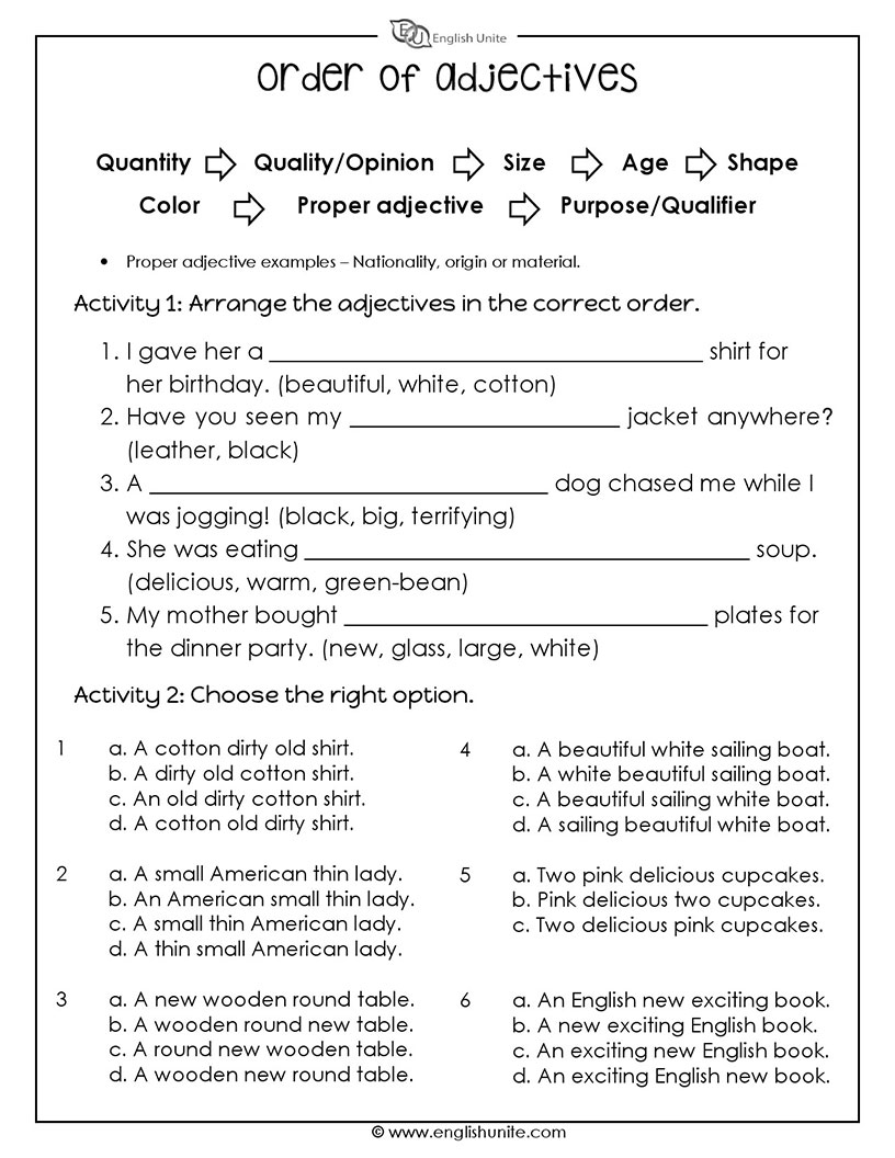English Unite - The Order of Adjectives Worksheet For Order Of Adjectives Worksheet