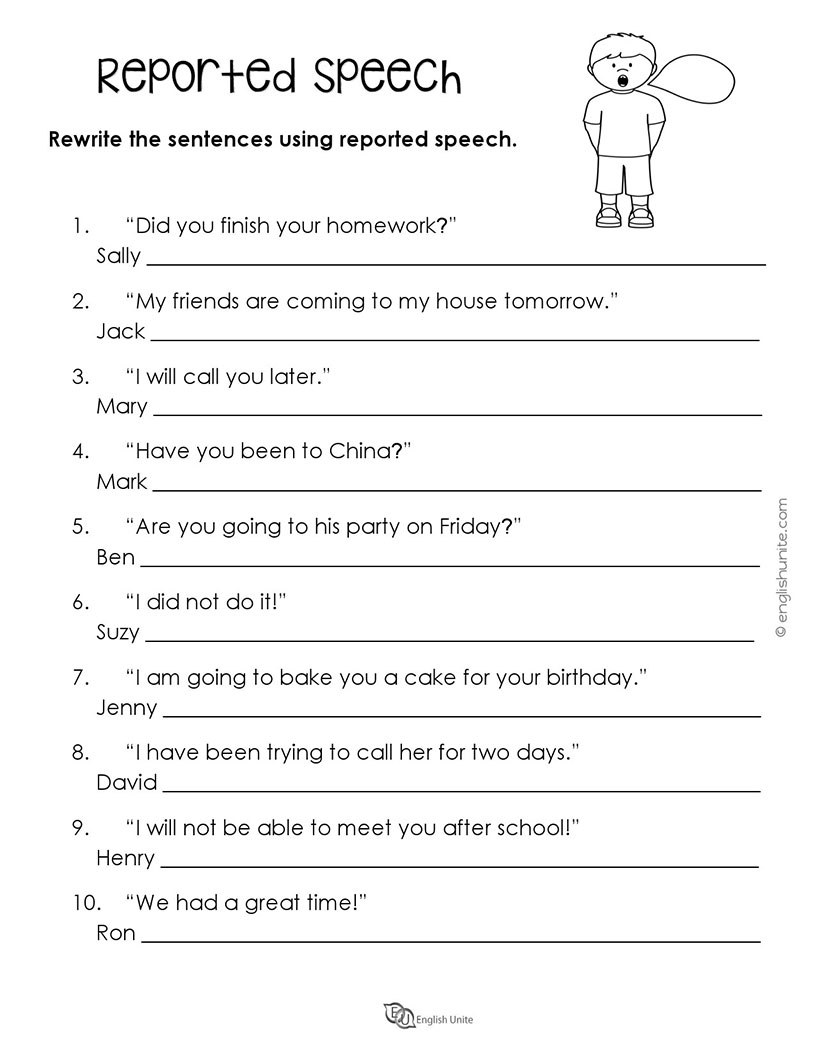 Pronouns Worksheet English Unite Reported Speech English Grammar Hot 