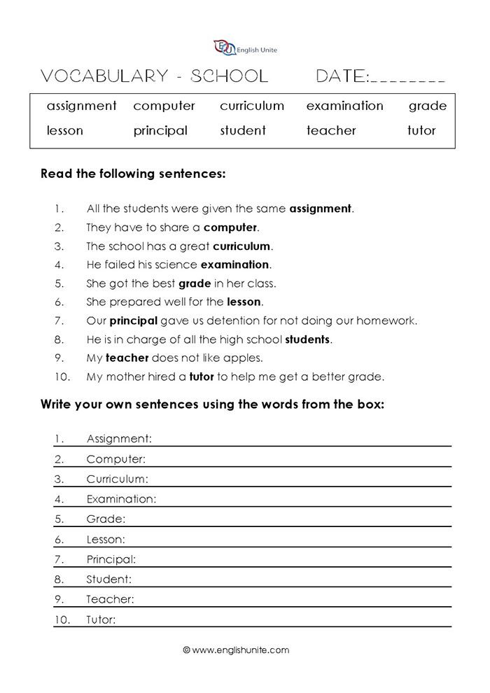 english unite school vocabulary worksheet