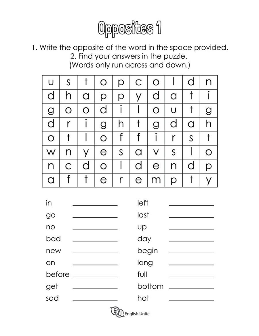 neutral envelope Museum English Unite - Opposites Word Search Puzzle 1