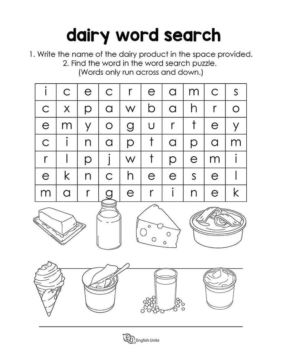 English Unite Dairy Word Search Puzzle