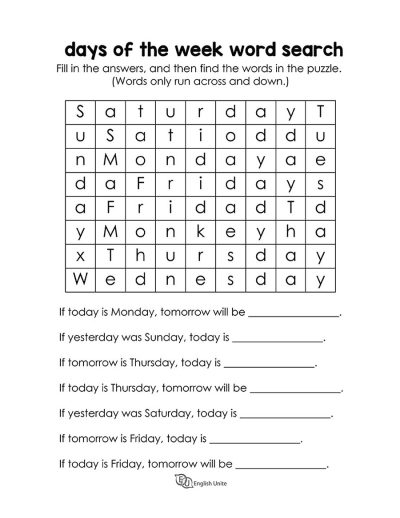 word search - days of the week