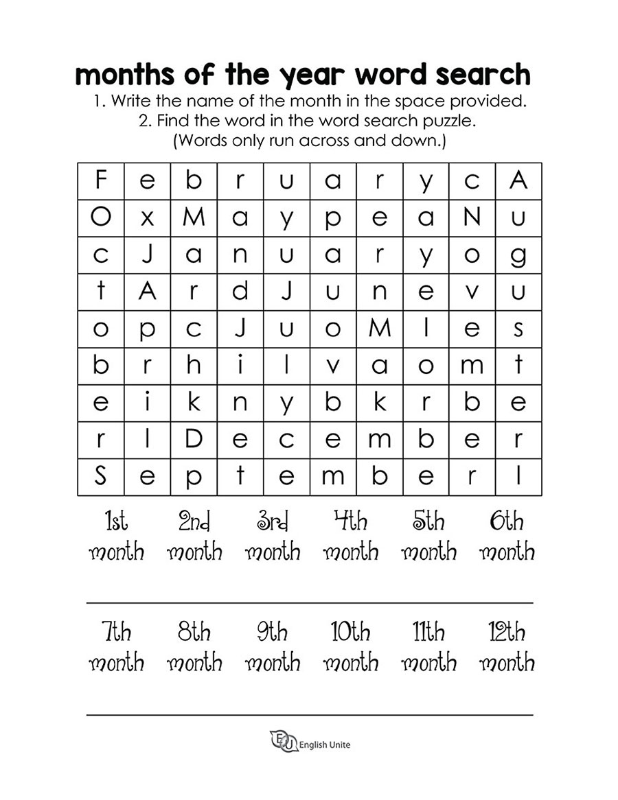 English Unite Months Of The Year Word Search Puzzle