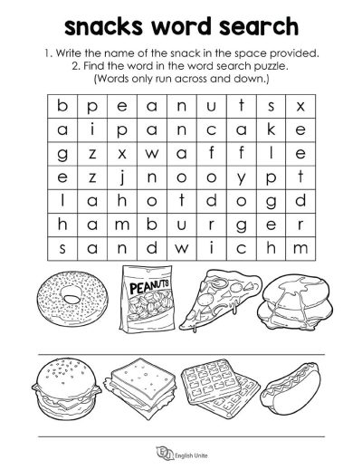 word search - snacks and fast food