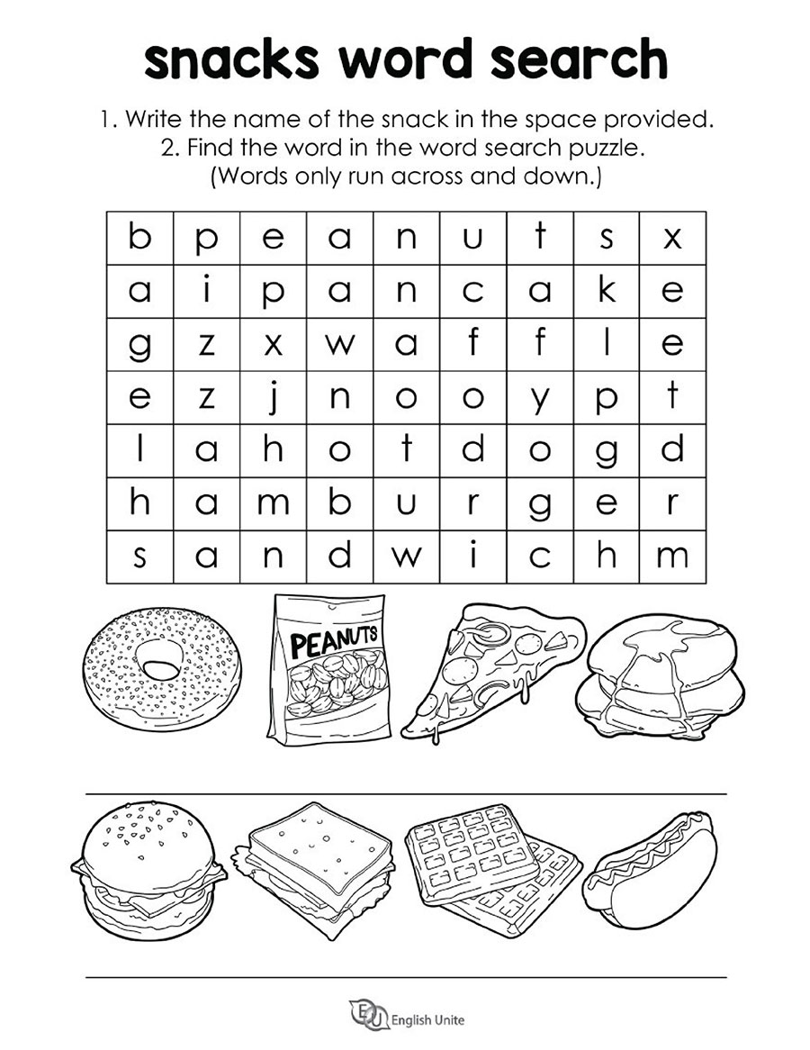 English Unite - Snacks and Fast Food Word Search Puzzle