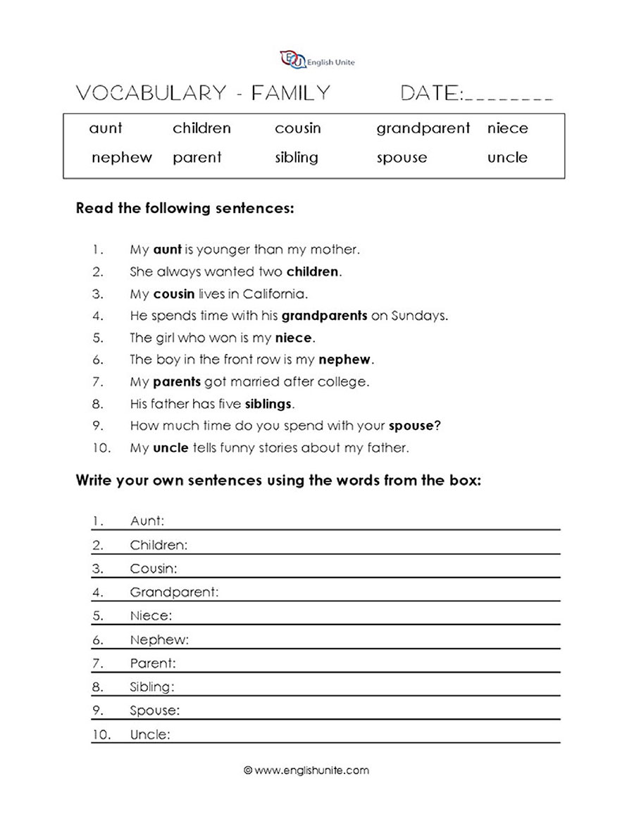 English Unite - Family Vocabulary Worksheet