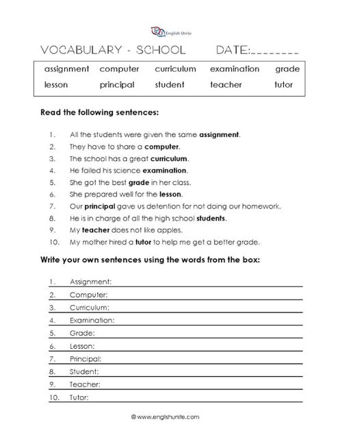 worksheet - school vocabulary