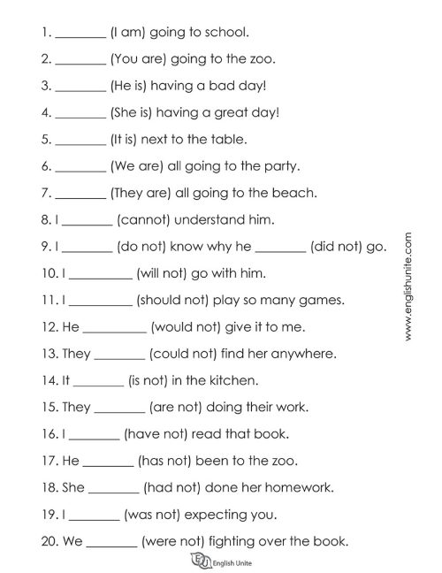 grammar worksheet - common contractions page 2
