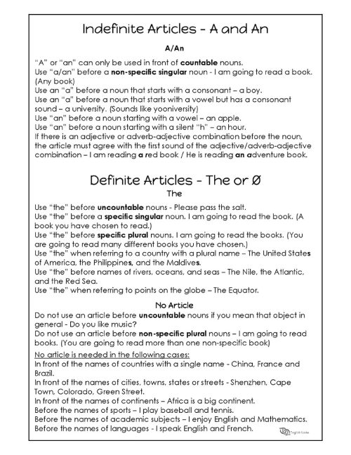 Grammar Worksheets - Articles 1