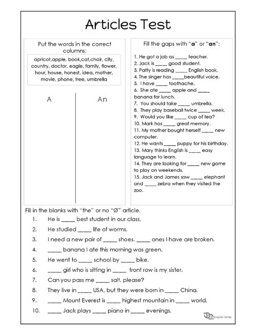 Grammar Worksheets - Articles 2